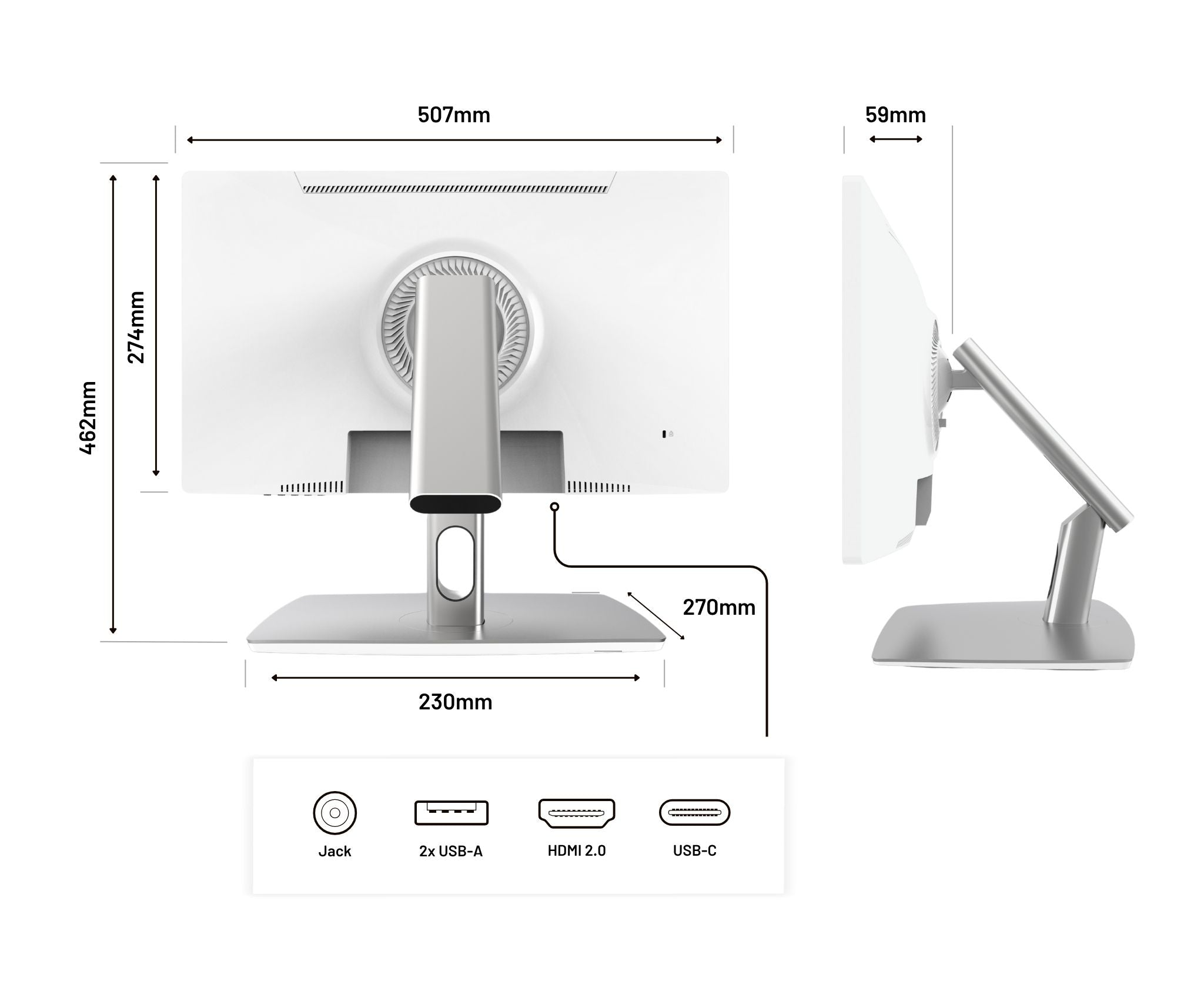 Een witte monitor met gelabelde afmetingen. Inclusief poorten voor jack, USB en HDMI. Het heeft een zilveren standaard.
