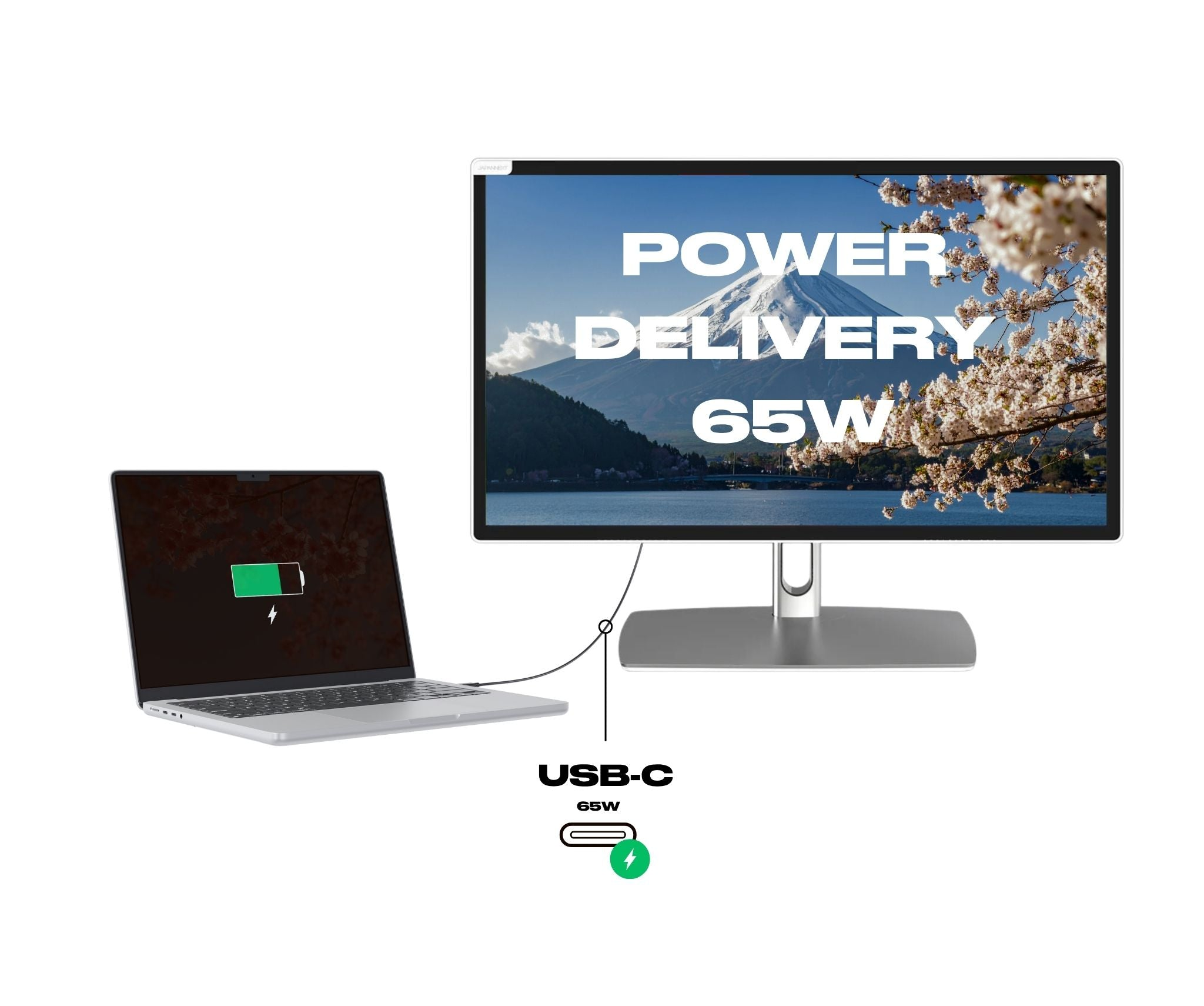Laptop verbonden met een monitor met USB-C. Monitor toont berglandschap. Laptop toont oplaadpictogram.