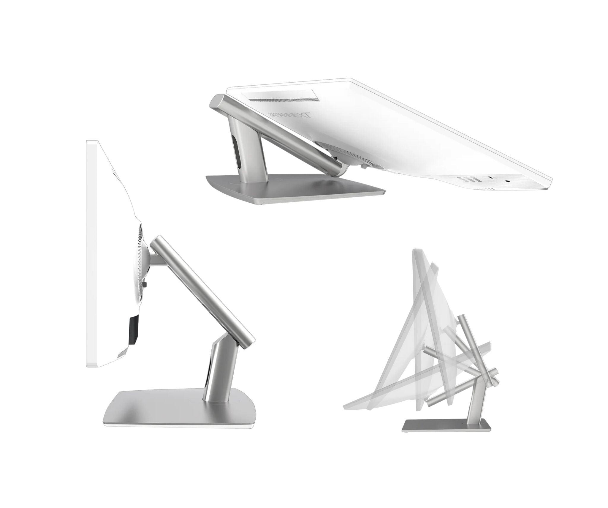 Drie weergaven van een witte computermonitor met zilveren standaard, die verschillende hoeken en aanpassingen toont tegen een witte achtergrond.