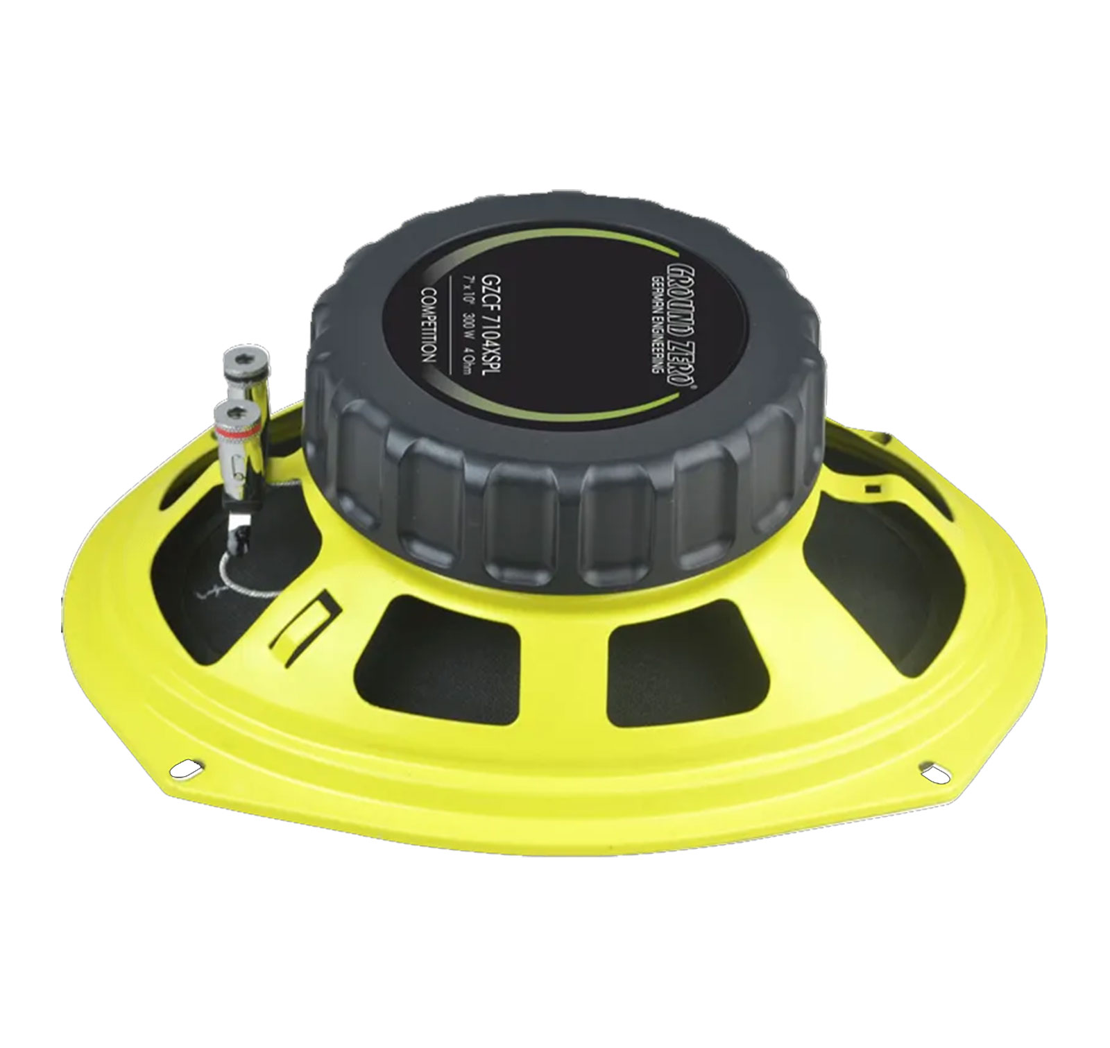 Un altoparlante audio per auto Ground Zero giallo e nero, modello GZCF 7104SPL, con centro nero e telaio giallo.
