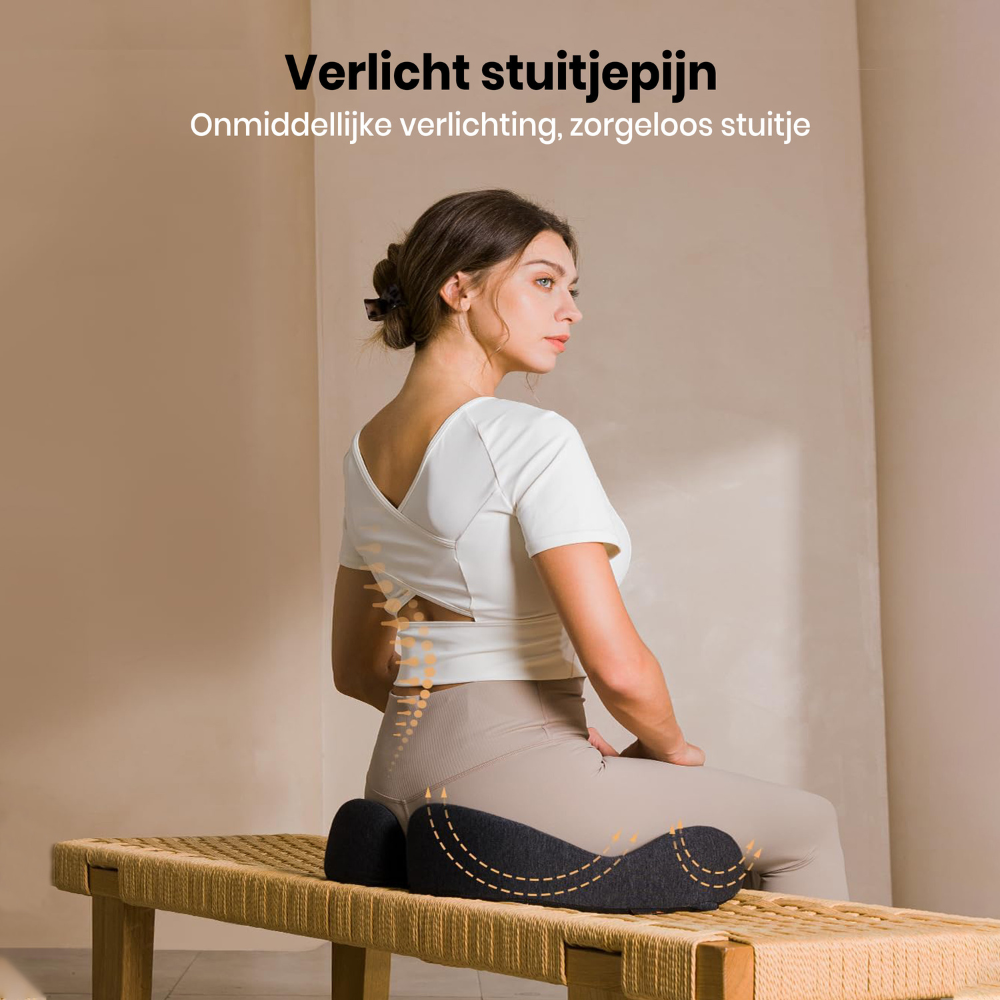 A woman sits on a bench with a cushion, highlighting the spine. Text reads 'Relieves tailbone pain' in Dutch.