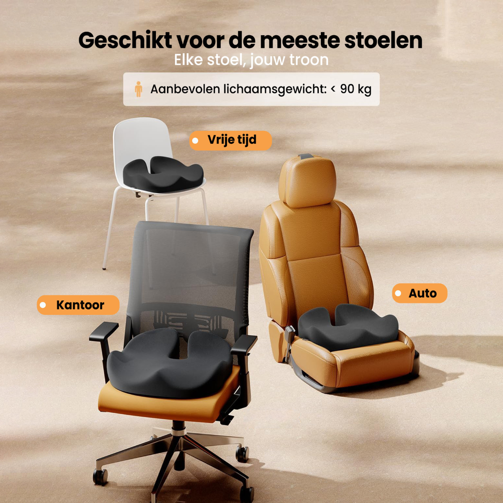 Image shows a cushion on a chair, office chair, and car seat. Text says 'Suitable for most chairs' and 'Recommended weight: <lt/>90kg'.