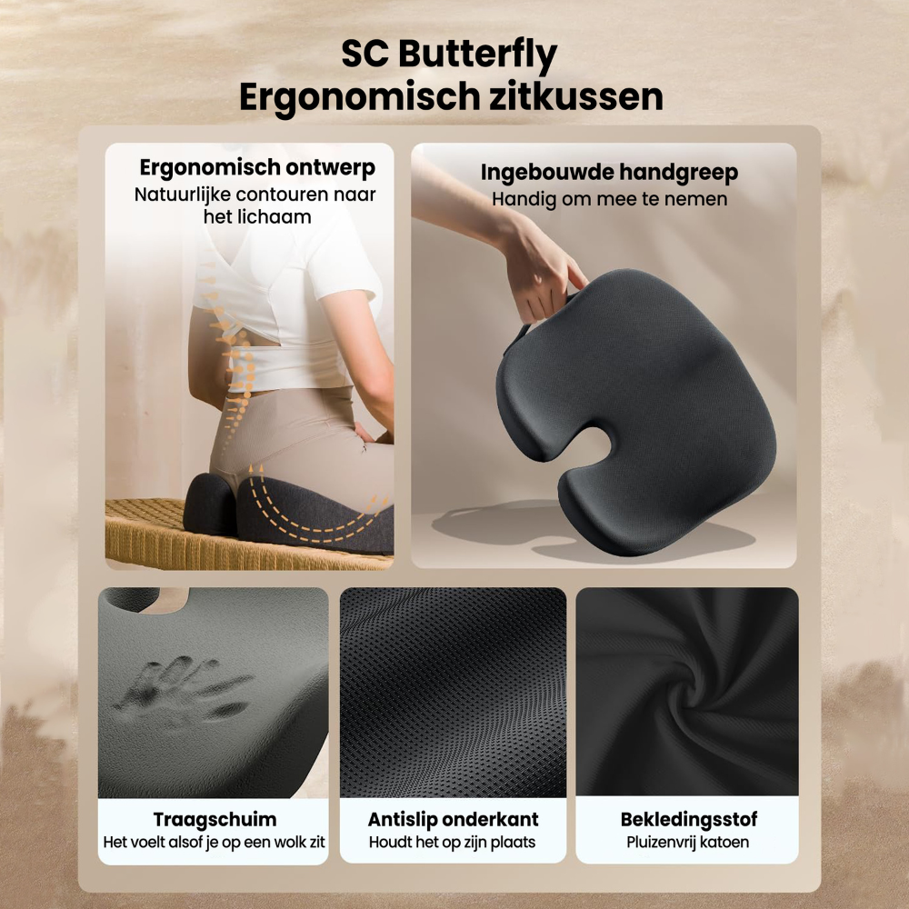 The image shows an ergonomic seat cushion with features like slow foam, non-slip bottom, and a handle. It has natural contours.
