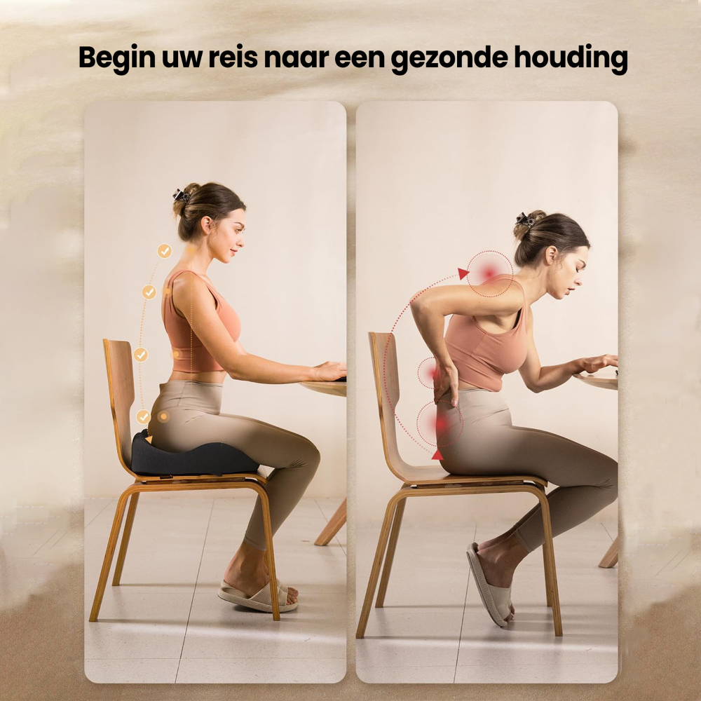 Image shows correct and incorrect posture while sitting. Woman sitting correctly on a chair, and then slouching. Diagrams highlight body parts.