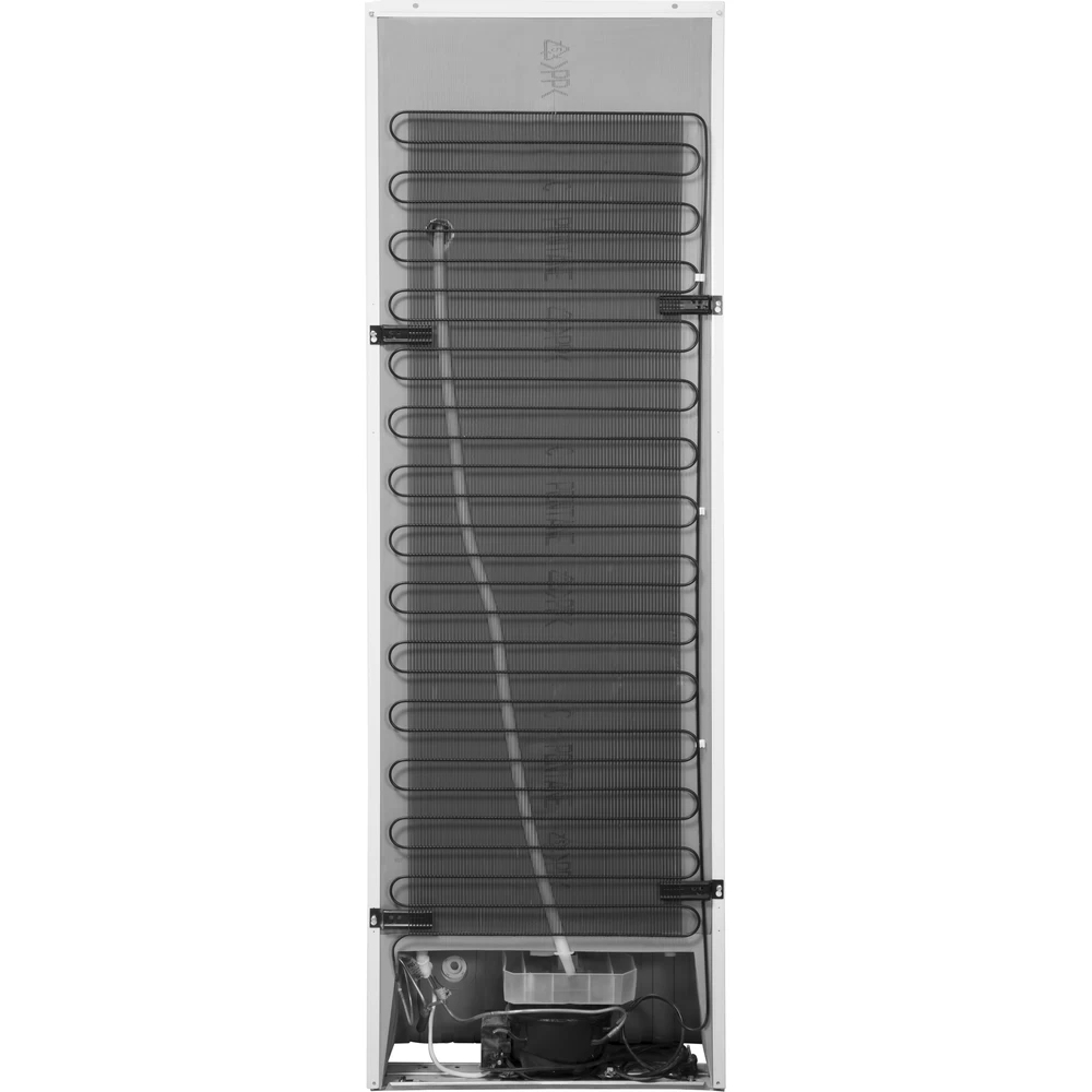 Vista trasera de un refrigerador. Muestra una rejilla de bobinas negras, un compresor y otros componentes mecánicos.