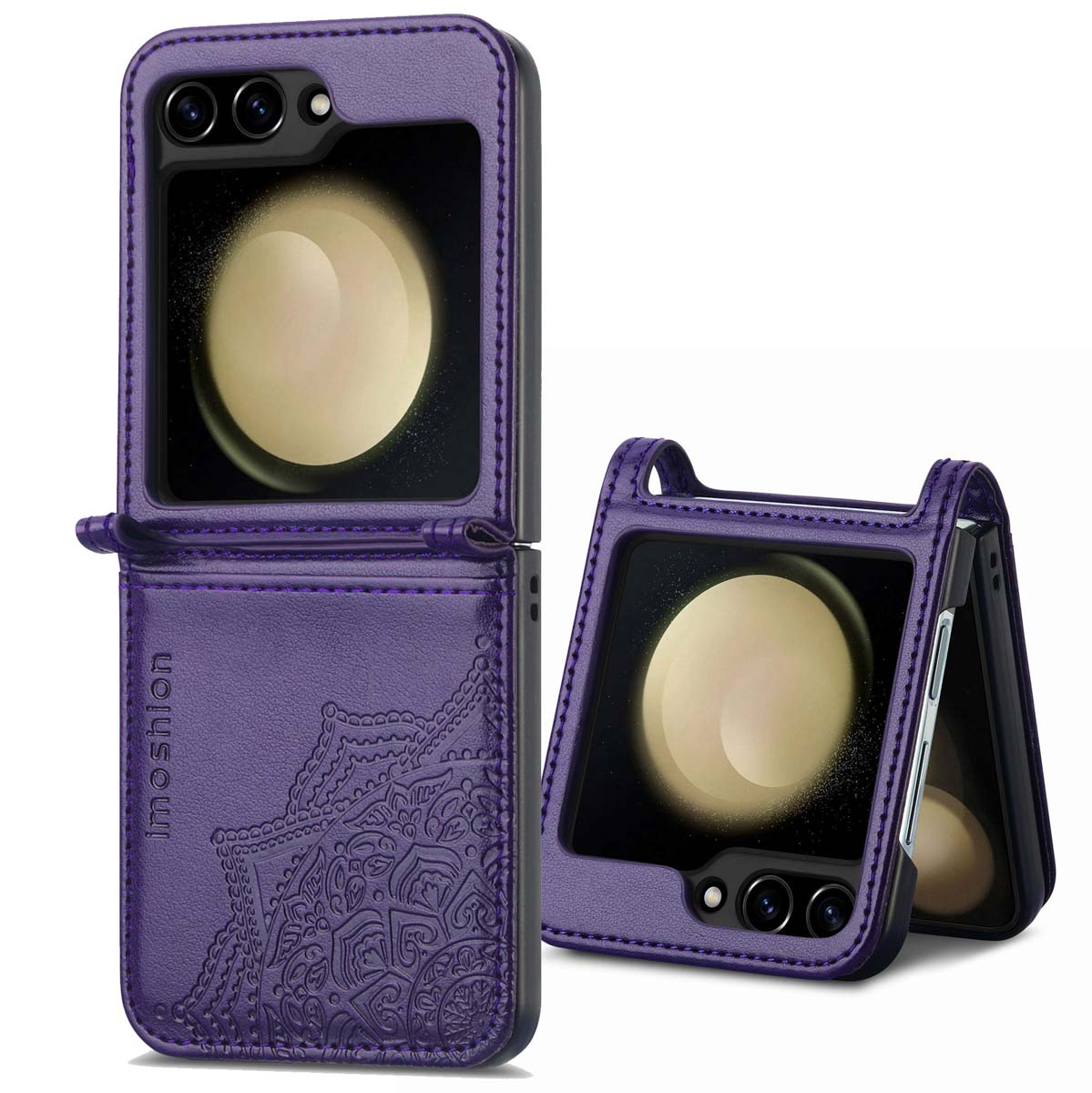 Paarse telefoonhoes met open en gesloten weergaven. Voorzien van een camera en een decoratief ontwerp. De merknaam is zichtbaar.