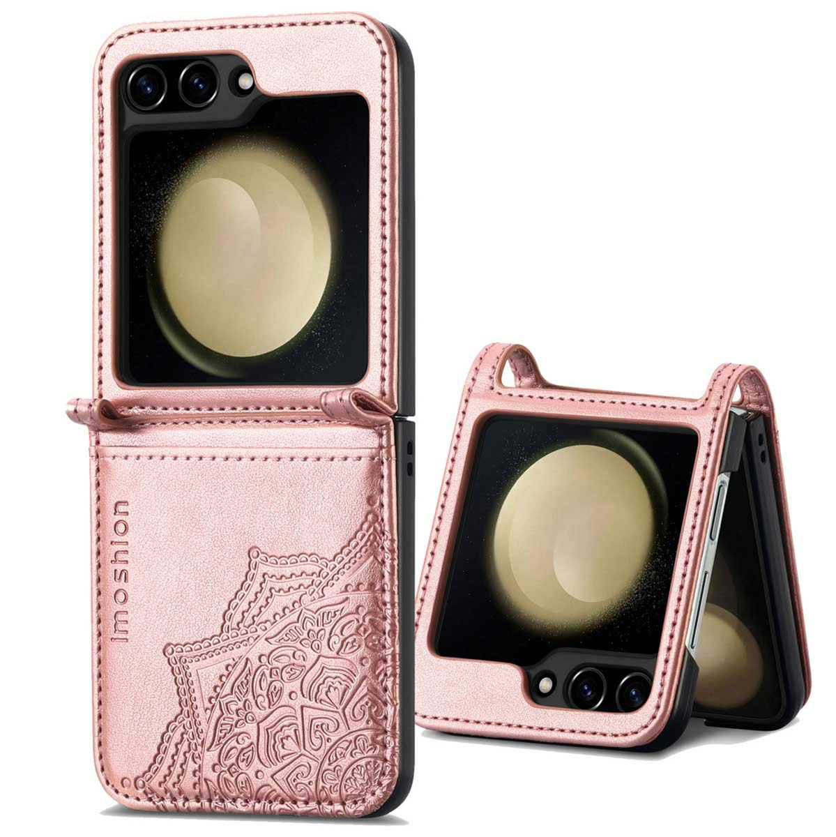 Roze telefoonhoesje met portemonnee-ontwerp en decoratief patroon. Het telefoonscherm toont een lichte achtergrond.