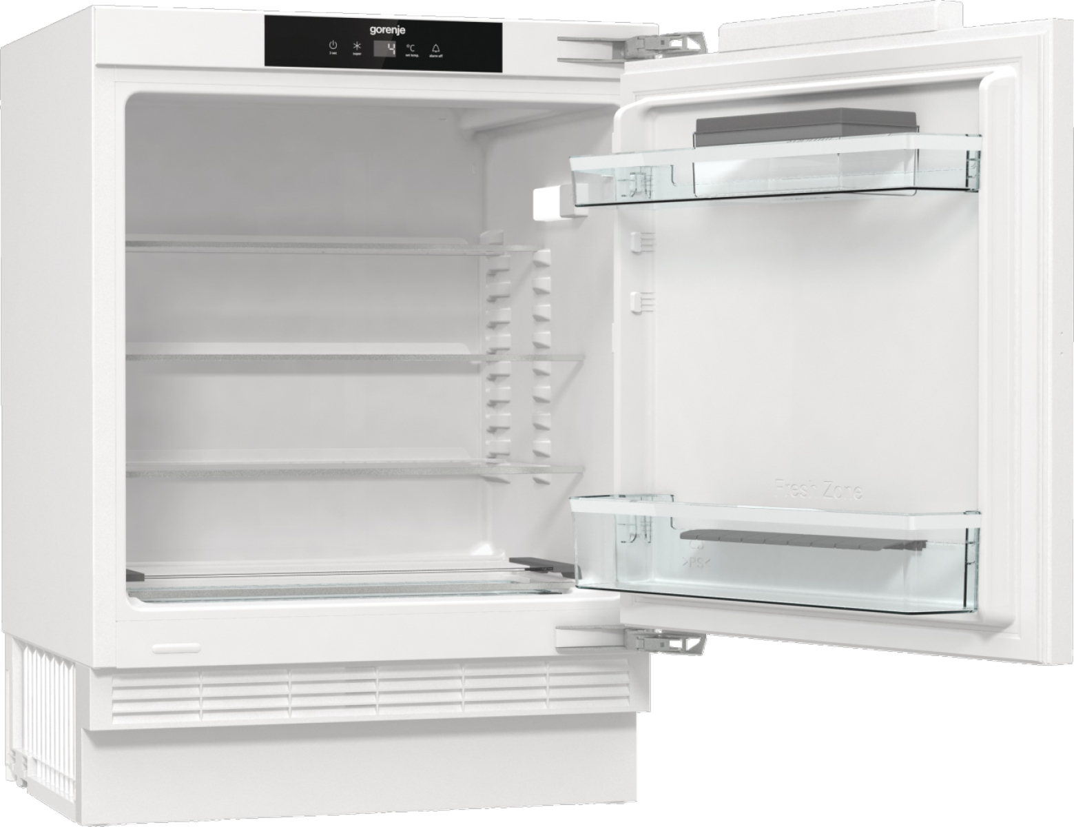 Ein weißer Kühlschrank mit offener Tür, der Glasböden und einen Behälter zeigt. Die Digitalanzeige zeigt die Temperatur.