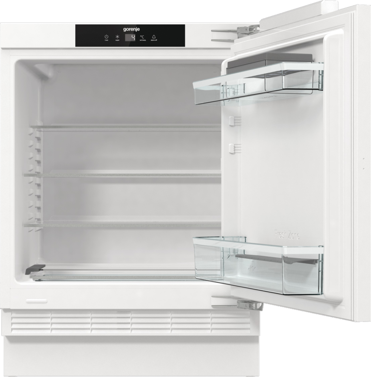 Offener weißer Kühlschrank mit Glasböden und Tür. Digitalanzeige zeigt Temperatur. Innenraum ist leer.