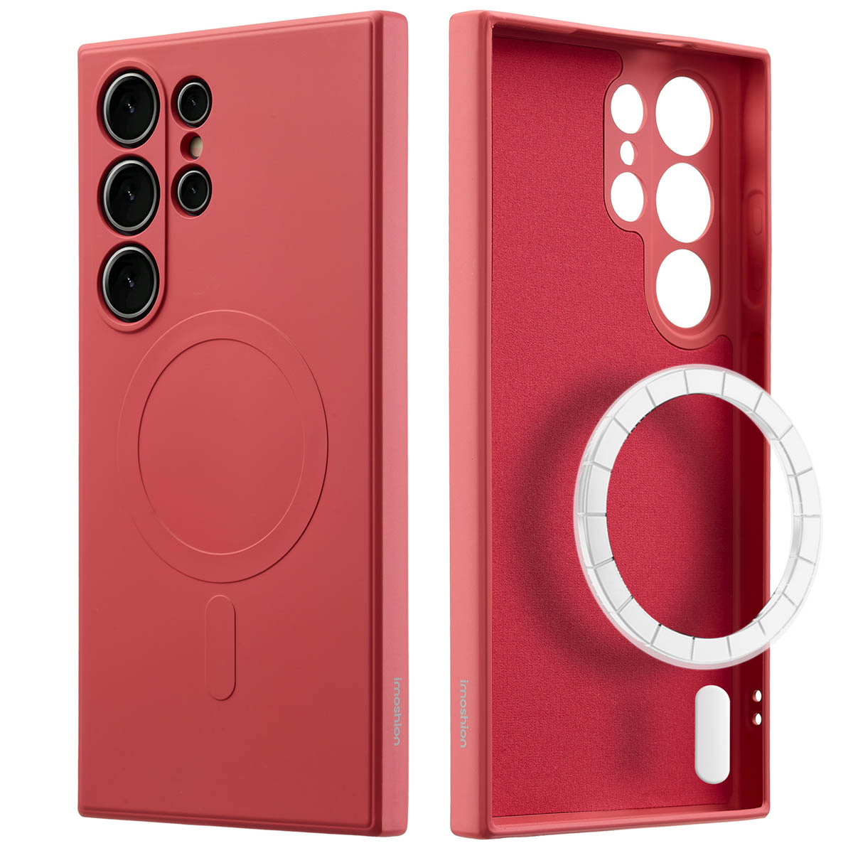 Deux coques de téléphone rouges, une avec des caméras et un cercle, l'autre montrant l'intérieur. Un anneau blanc à l'intérieur.