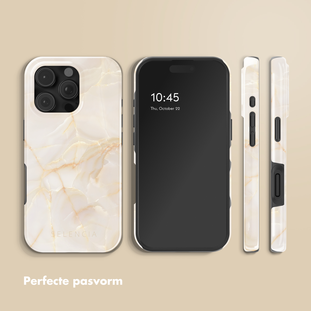 Un iPhone e custodie con design marmorizzato. Il telefono mostra l'ora 10:45. Le custodie sono a sinistra e a destra.