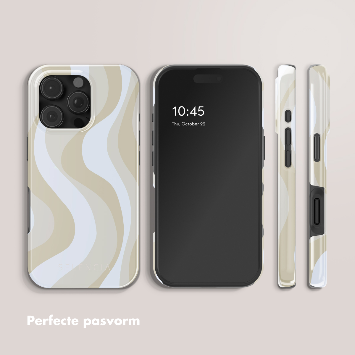 Un téléphone et trois étuis. Le téléphone affiche l'heure. Les étuis ont un motif ondulé beige et blanc. Les étuis sont montrés sous différents angles.