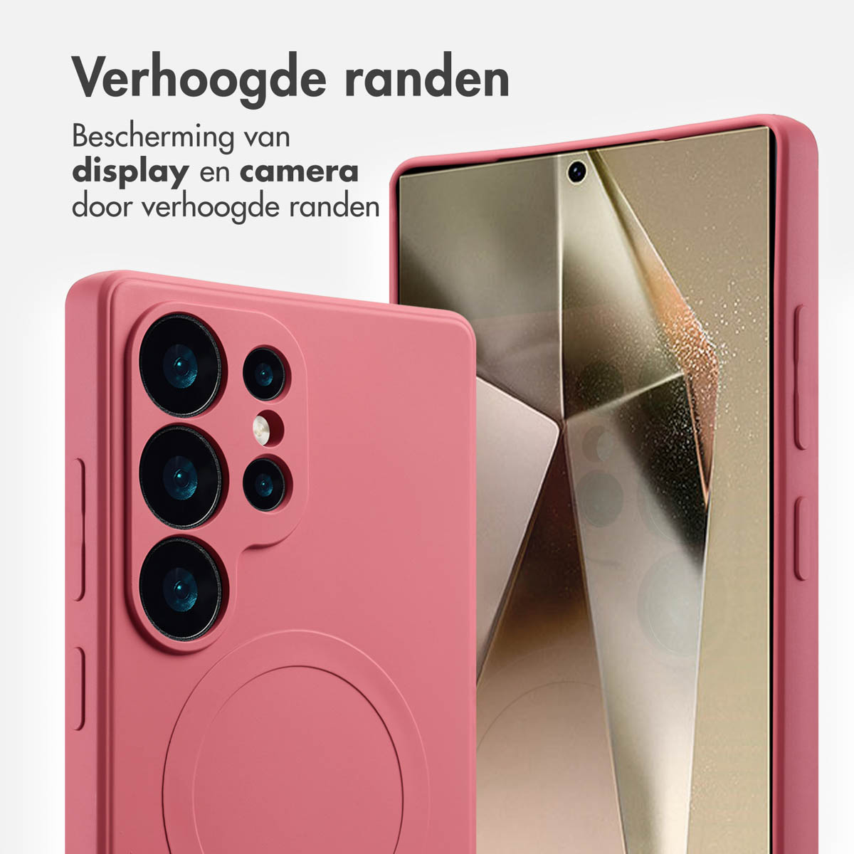 Twee roze telefoonhoesjes. Eén toont meerdere cameralenzen, de andere het scherm. Tekst: Verhoogde randen voor scherm- en camerabescherming.
