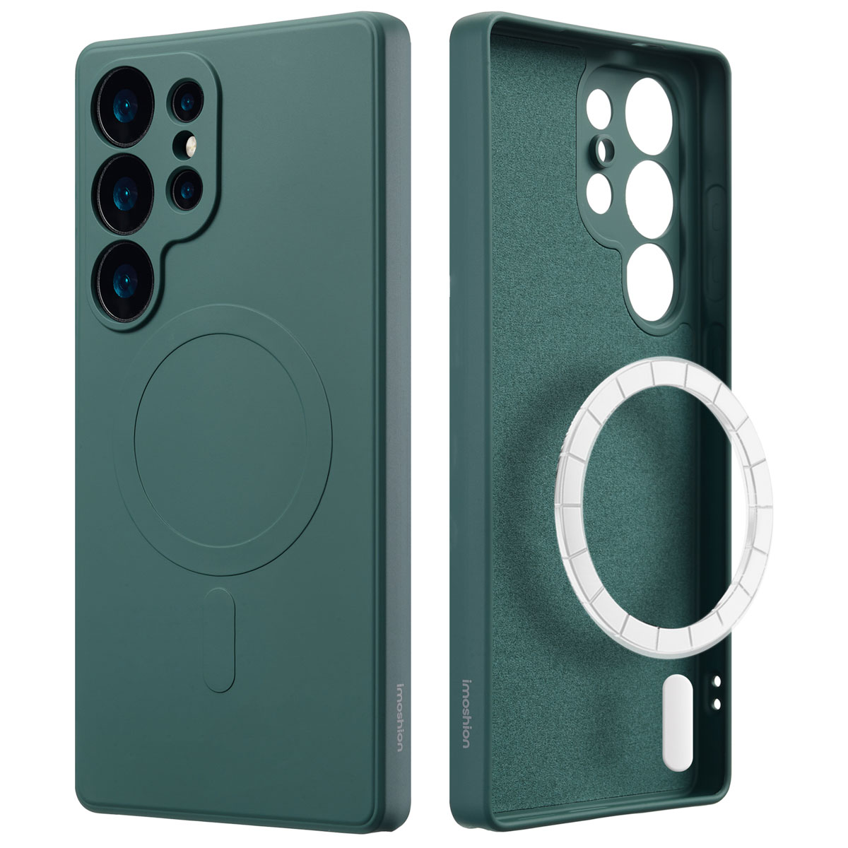 Twee telefoonhoesjes, één gemonteerd, groene kleur. De tweede toont de binnenkant en een witte ring. De merknaam is zichtbaar.