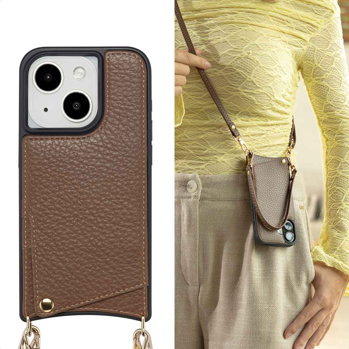 Un étui de téléphone en cuir marron avec une sangle. Une personne portant un haut jaune et un pantalon beige tient le téléphone.