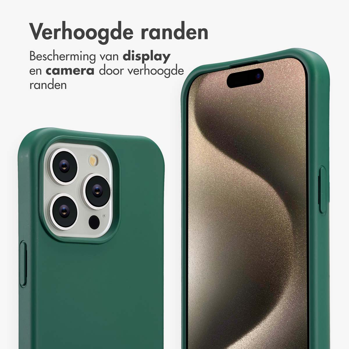 Twee groene telefoonhoesjes die een smartphone tonen. De hoesjes benadrukken verhoogde randen, die het scherm en de camera beschermen.