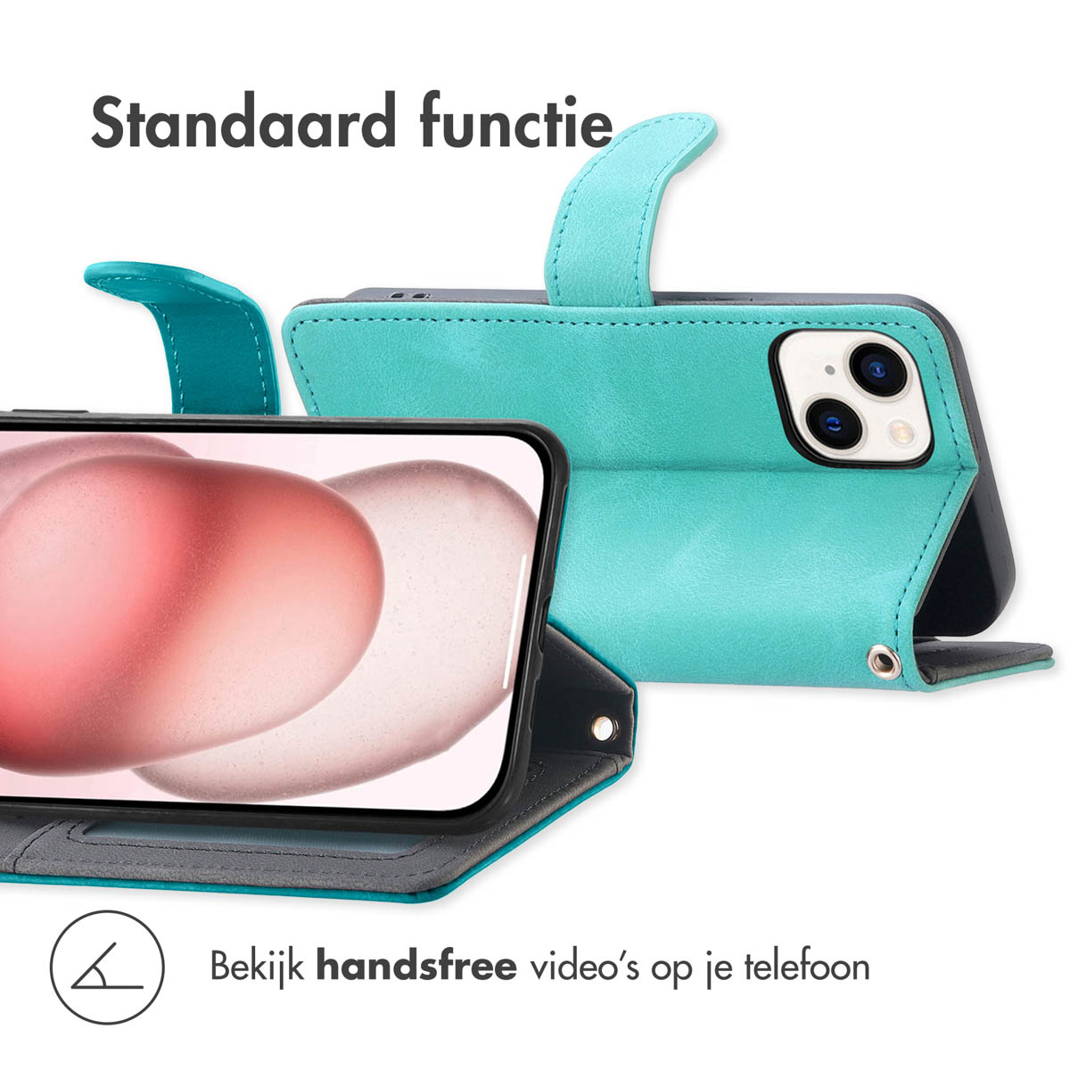 Turquoise telefoonhoesje met een telefoon die een lichtroze en witte afbeelding toont. De hoes is open, en er is tekst aanwezig.