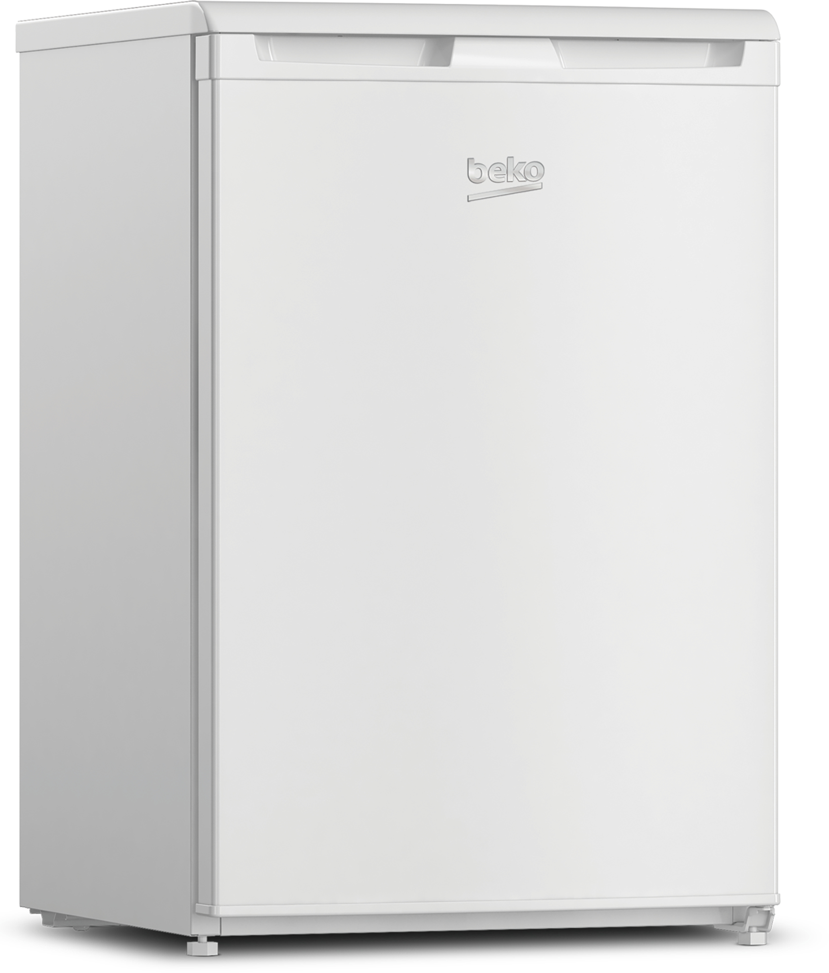 Ein weißer Beko-Kühlschrank. Er hat einen Griff oben und das Beko-Logo auf der Tür. Er steht auf einer weißen Oberfläche.