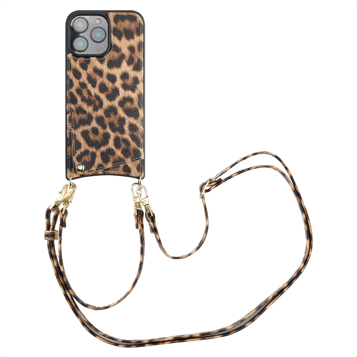 Een telefoonhoesje met luipaardprint en een afneembare riem. De hoes is zwart en bruin. De riem is bruin en zwart.