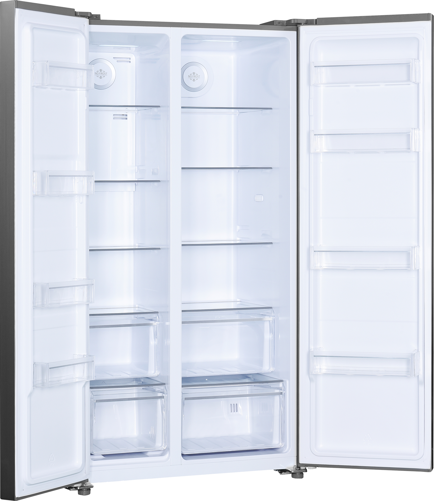 Ein Side-by-Side-Kühlschrank mit geöffneten Türen. Der Innenraum ist weiß und hat Regale, Schubladen und Fächer. Das Äußere ist grau.