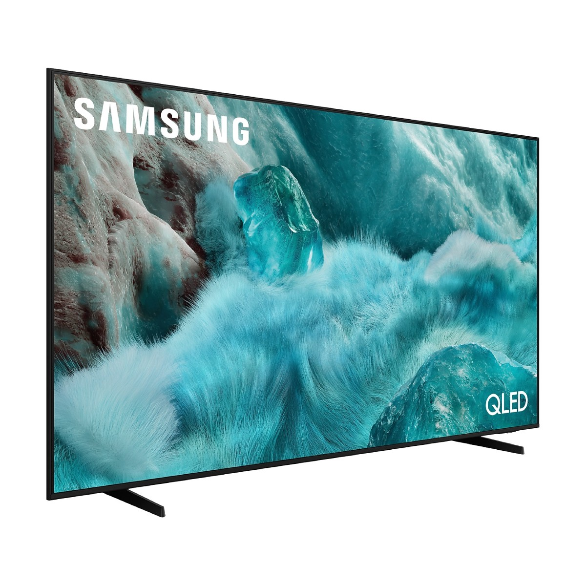 Telewizor Samsung QLED wyświetla lodowy krajobraz. Ekran jest czarny, z logo Samsung na górze i QLED na dole.