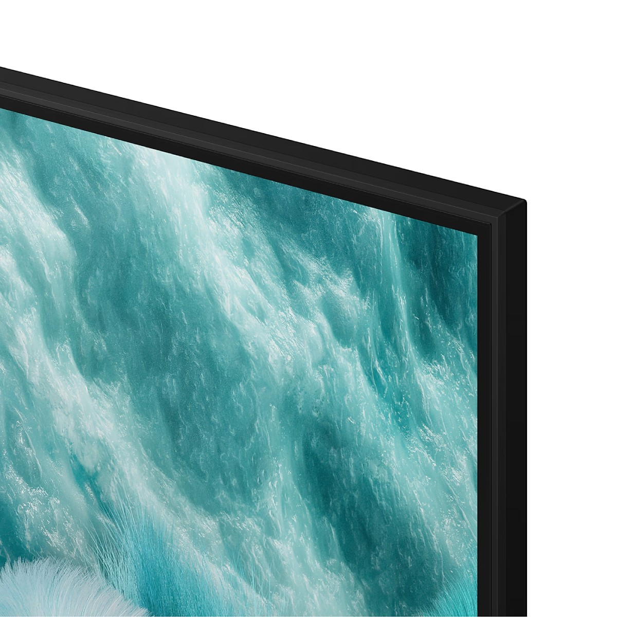 Zbliżenie ekranu telewizora z wzorem przypominającym wodę w odcieniach niebieskiego i białego. Telewizor ma czarną ramkę.