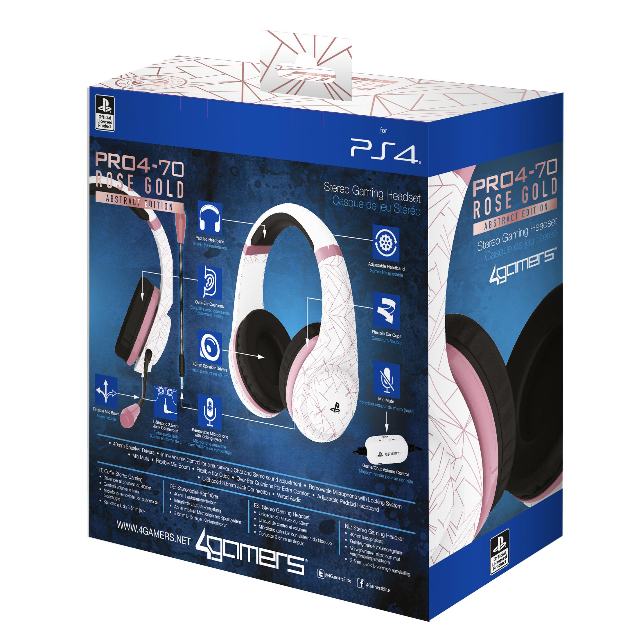 Una scatola con l'immagine di un'auricolare. L'auricolare è bianco e oro rosa, con il logo PlayStation. Il testo include 'PRO4-70 ROSE GOLD'.