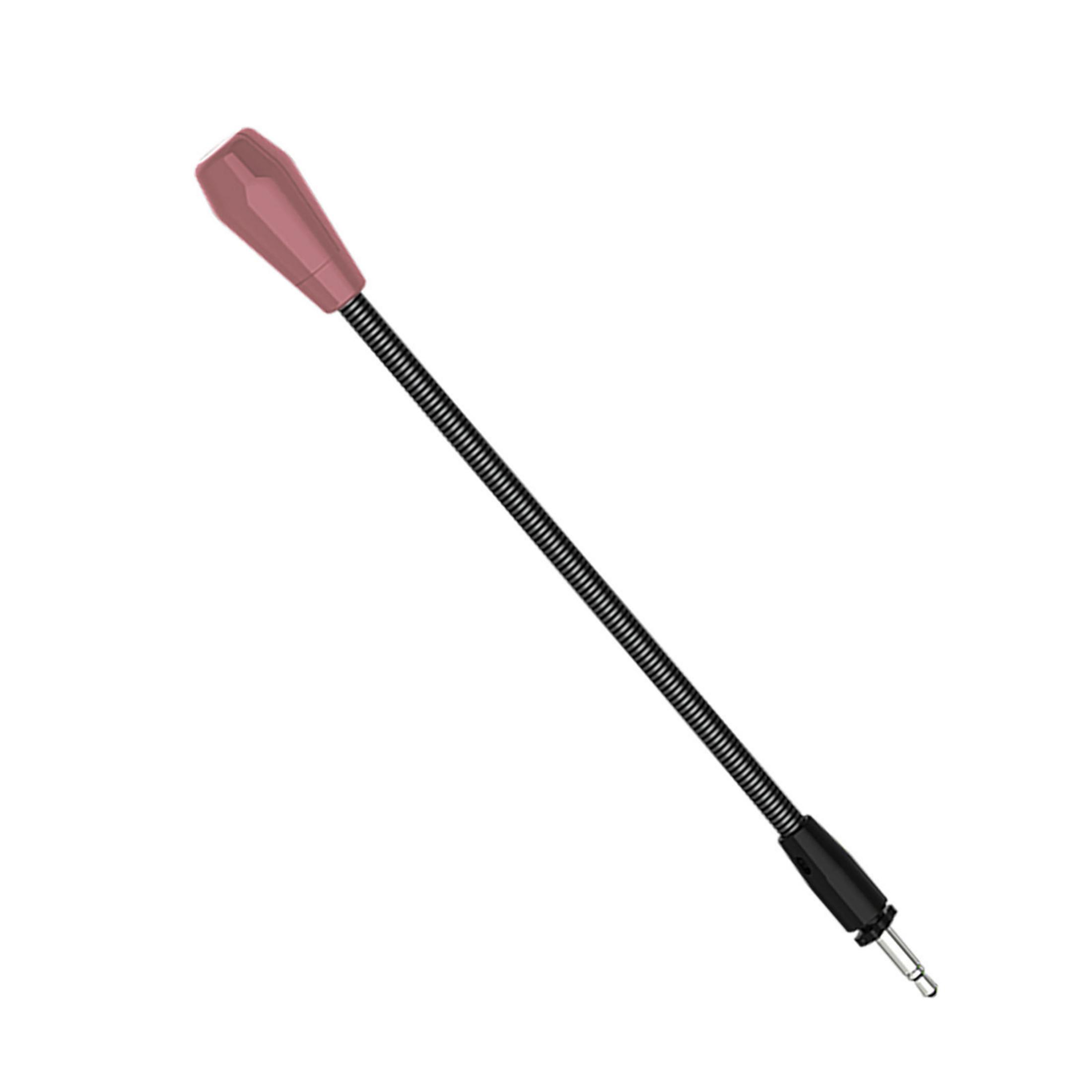Un microfono con testa rosa, braccio flessibile nero e jack argentato su sfondo bianco.
