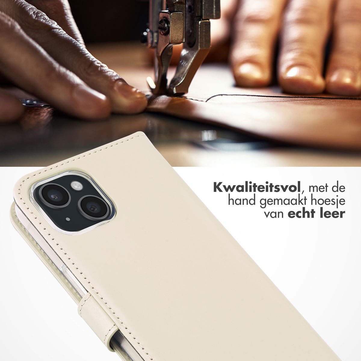A beige leather phone case is shown, with a sewing machine in the background stitching leather. Text reads: High quality, handmade genuine leather.