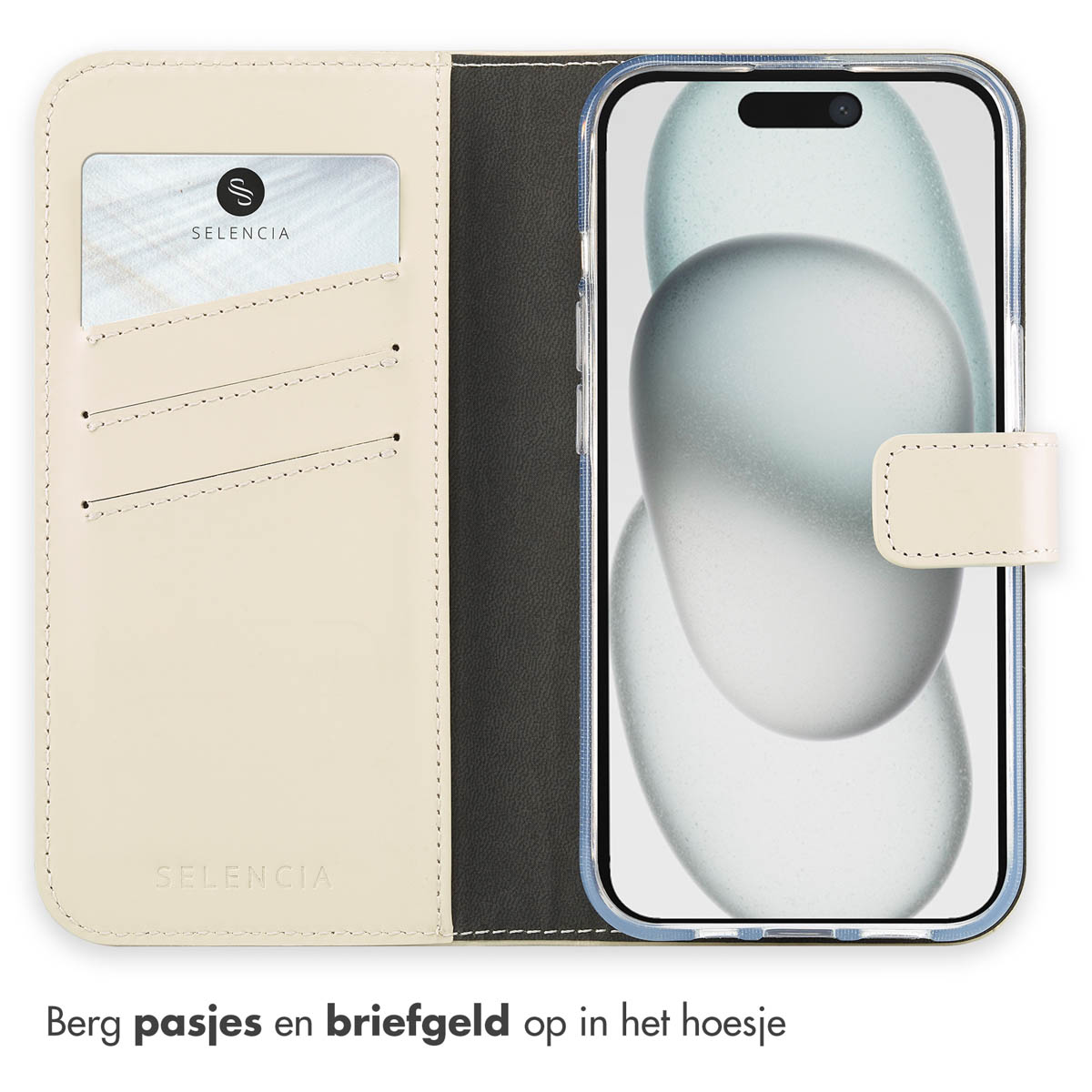 Open phone case with a phone. The case is cream-colored with card slots. A card with a logo is visible. The phone's screen has a blurred design.