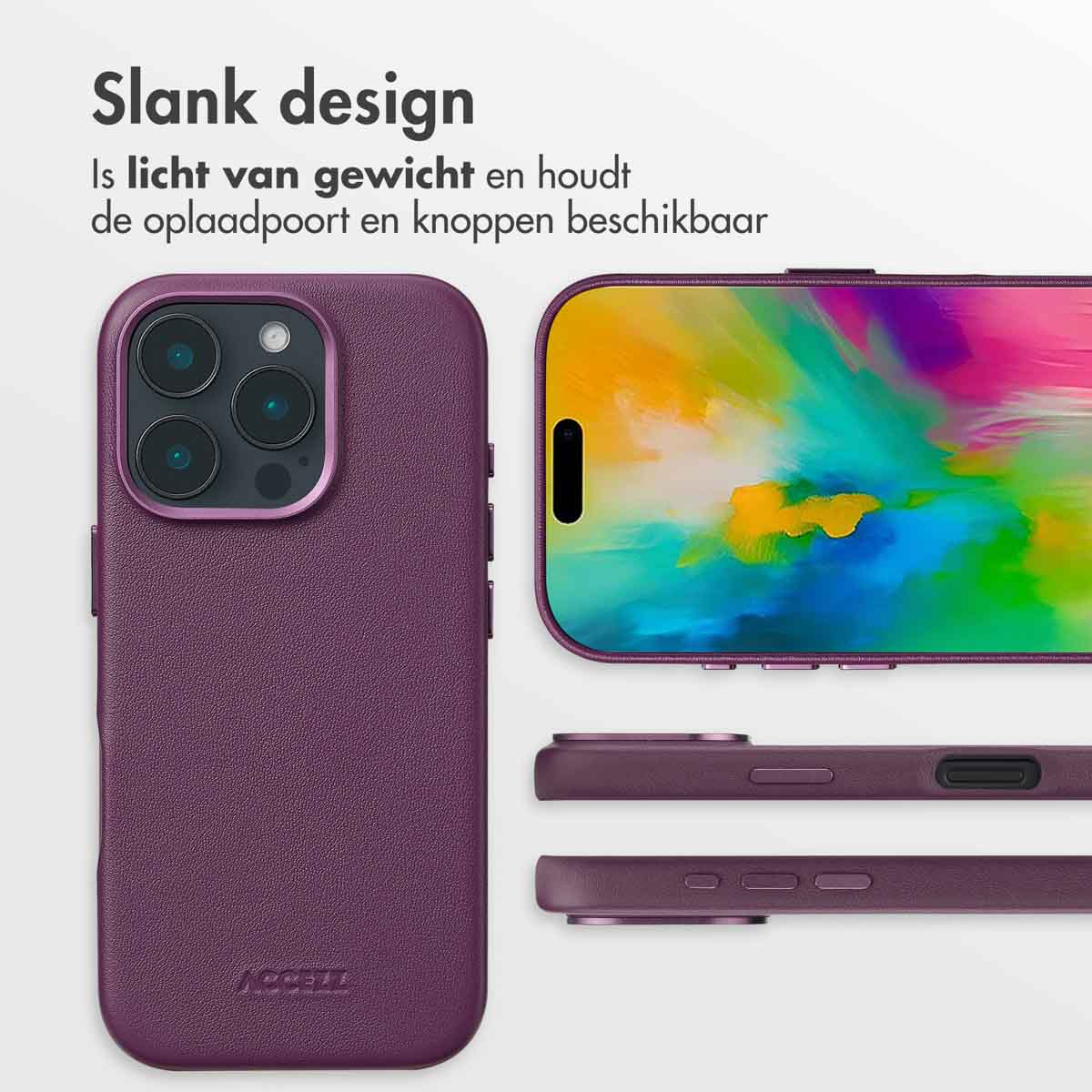 Une coque de téléphone violette avec un téléphone affichant une image colorée et deux parties de coque.