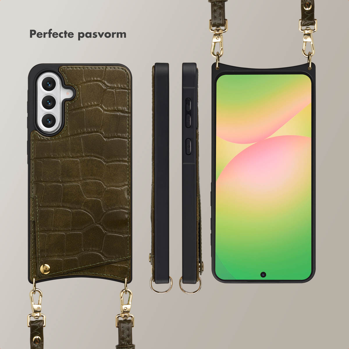 Custodia per telefono verde oliva con cinturino, telefono e vista laterale. La custodia ha un motivo strutturato. Il cinturino è marrone con finiture dorate. Il telefono mostra un design colorato.