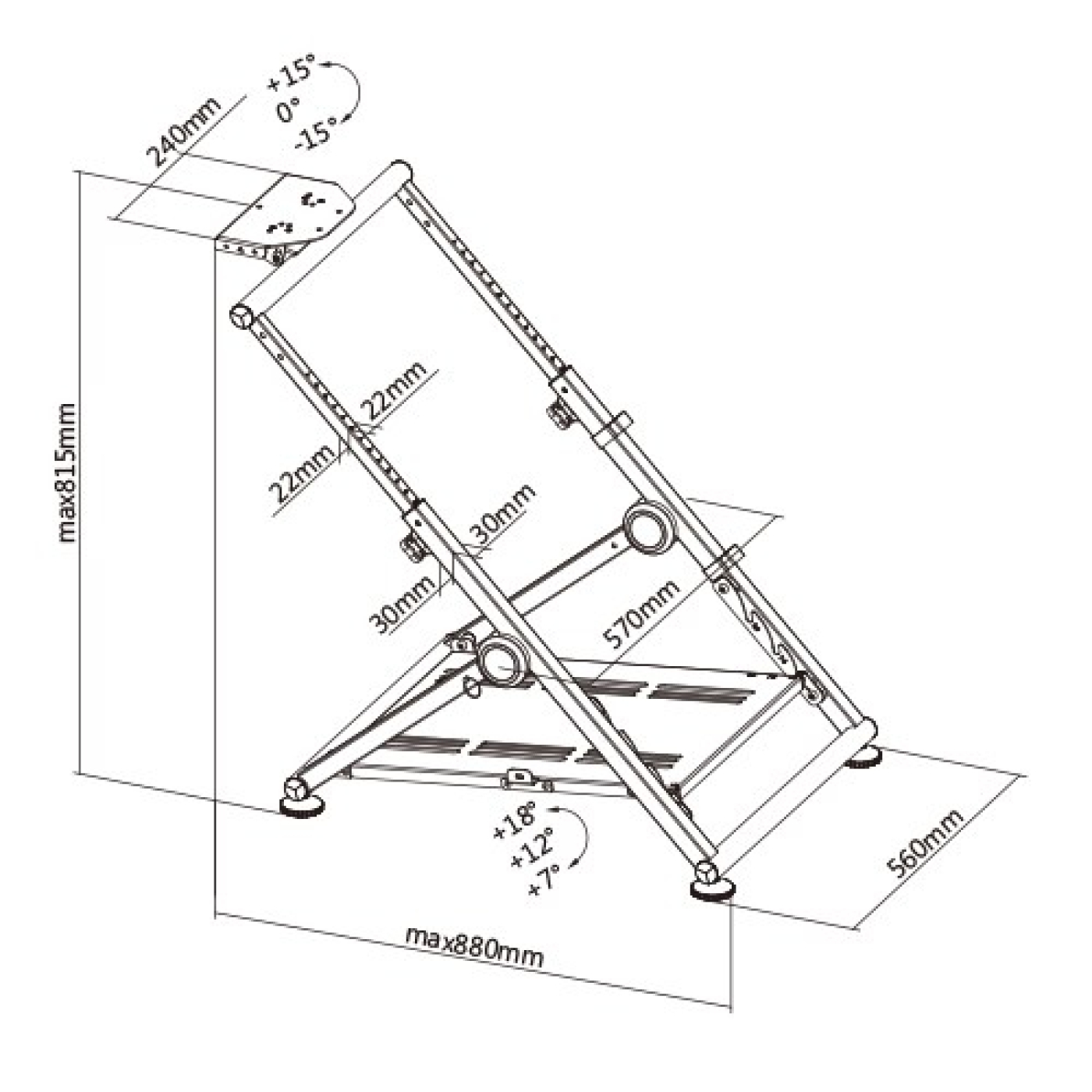 Diagramm eines Metallständers, Abmessungen beschriftet. Es zeigt eine Basis und abgewinkelte Stützen mit verstellbaren Teilen und Messungen.