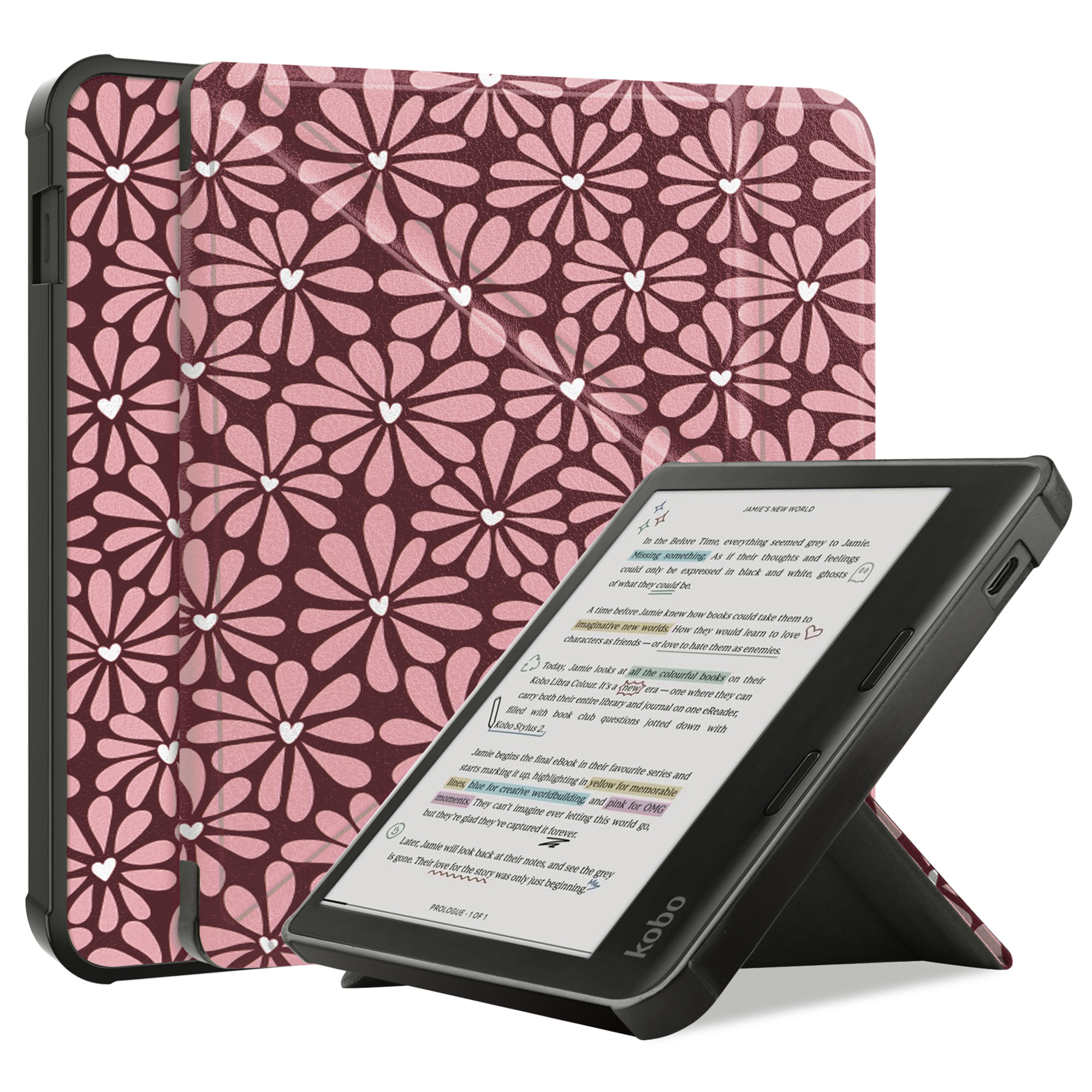 Een e-reader met een zwarte hoes en een bloemenpatroon. Tekst op het scherm. De hoes heeft een hartjespatroon.