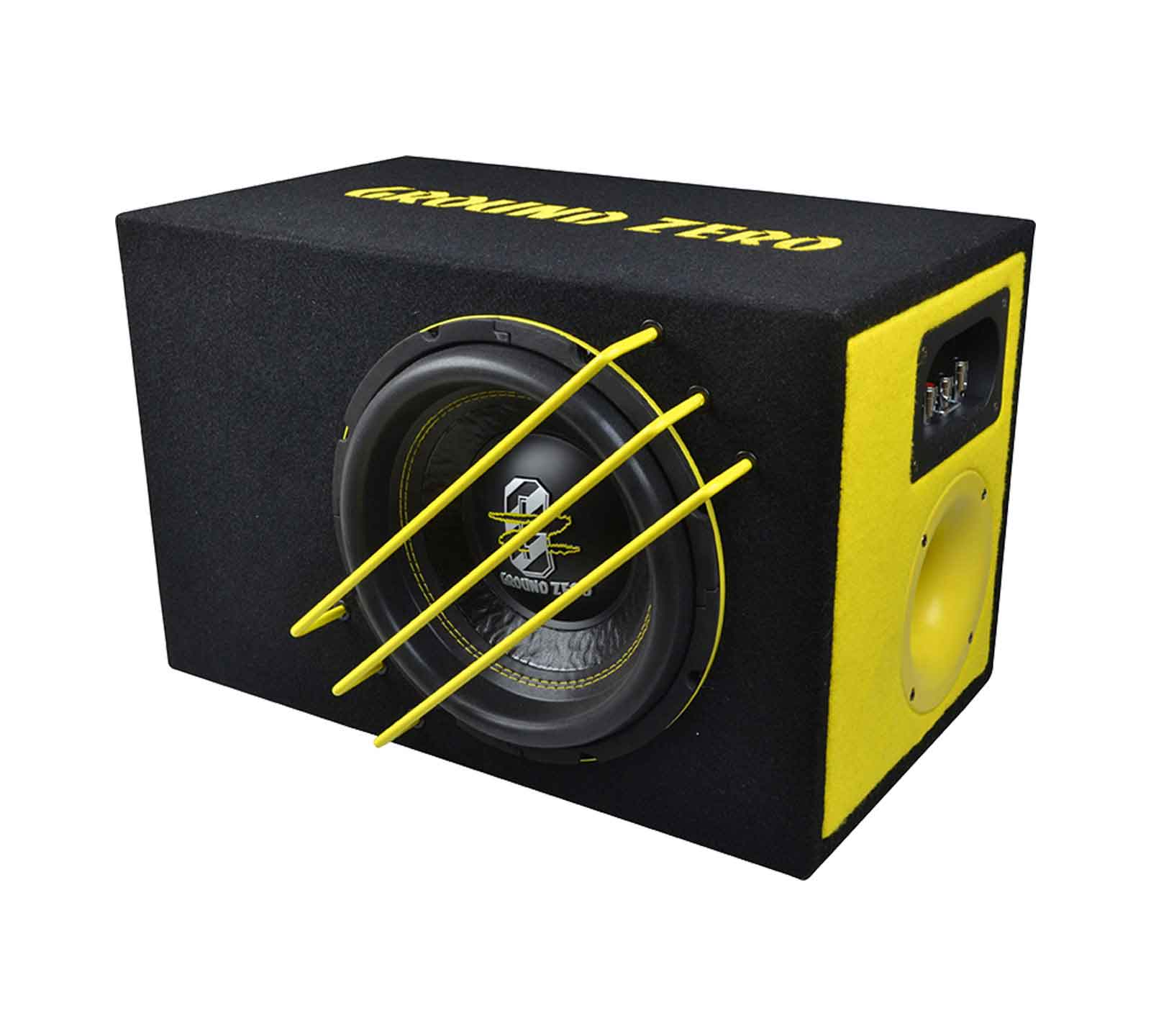 Eine schwarze Subwoofer-Box mit gelben Akzenten und einem großen Lautsprecher. Gelbe Stangen schützen den Lautsprecher. Der Markenname 'GROUND ZERO' ist sichtbar.