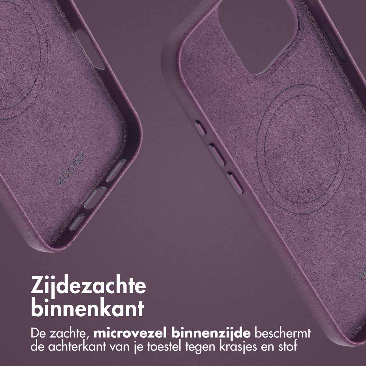 Close-up van twee paarse telefoonhoesjes. Eén toont de binnenkant met een cirkel. Tekst: zachte microvezel binnenkant beschermt tegen krassen.