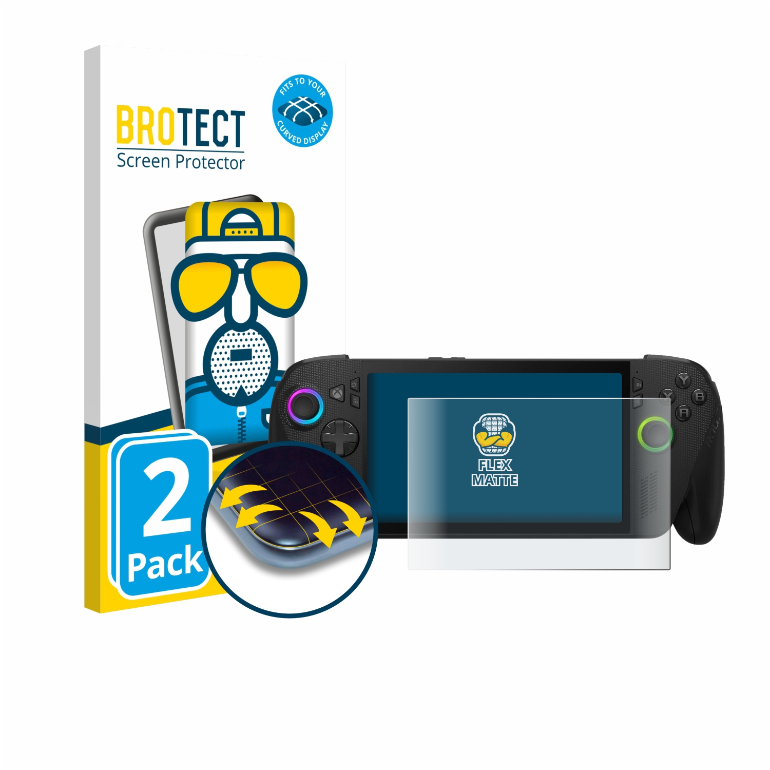 Eine Displayschutzfolienbox mit einem Cartoon, einer Spielkonsole mit einer Displayschutzfolie und der Verpackung.