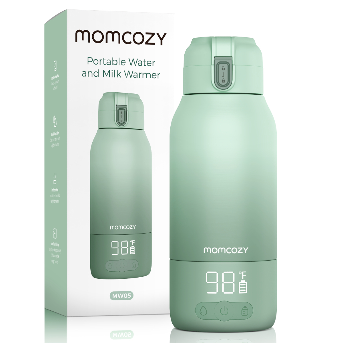 Ein mintgrüner Momcozy tragbarer Wasser- und Milchwärmer mit digitaler Anzeige von 98°F. Links befindet sich eine Box.