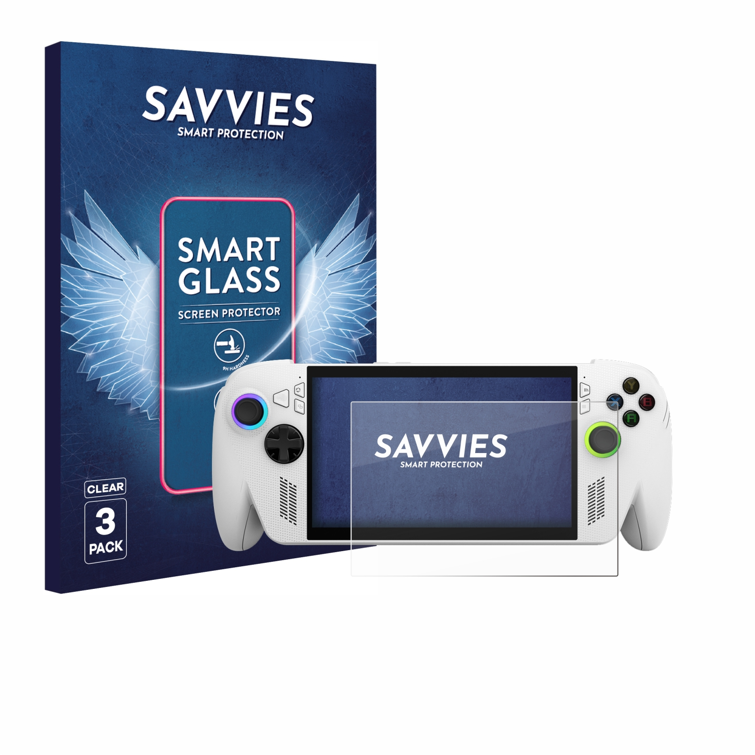 Eine weiße Handheld-Spielkonsole mit Displayschutz, eine Schachtel mit dem Markennamen SAVVIES und den Worten "SMART GLASS".