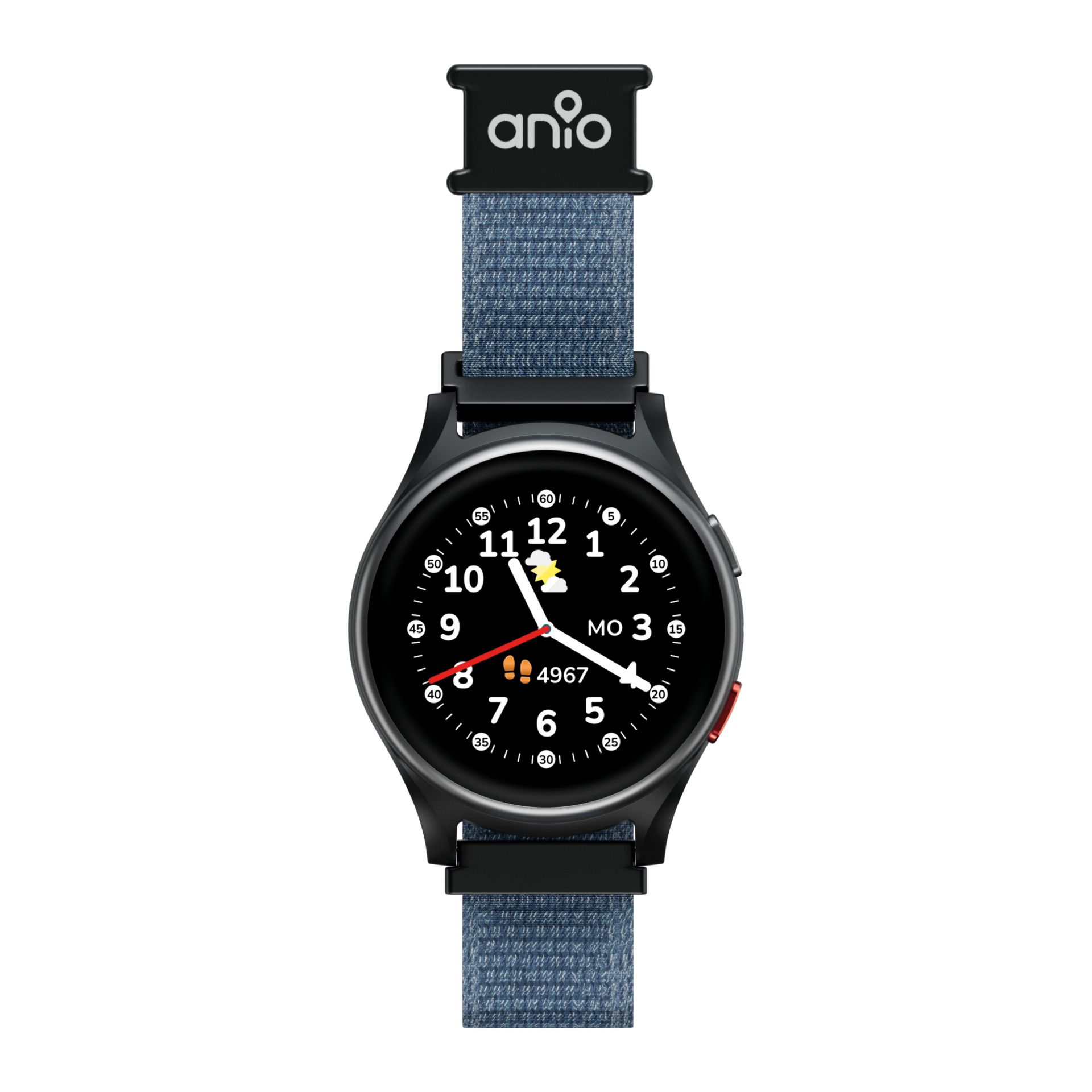 Uno smartwatch nero con cinturino in denim blu mostra l'ora. Il quadrante mostra ora, data, meteo e passi.