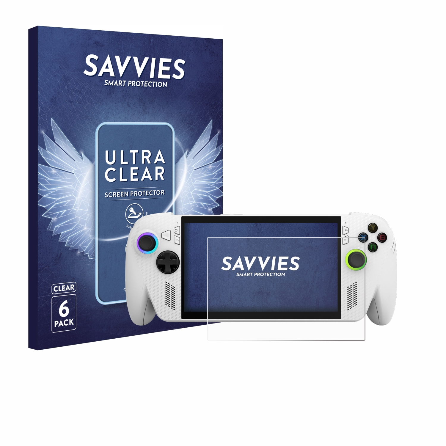Eine weiße Handheld-Konsole mit Displayschutzfolie, Schachtel mit Savvies-Logo und Text sowie eine Packung mit 6 transparenten Schutzfolien.