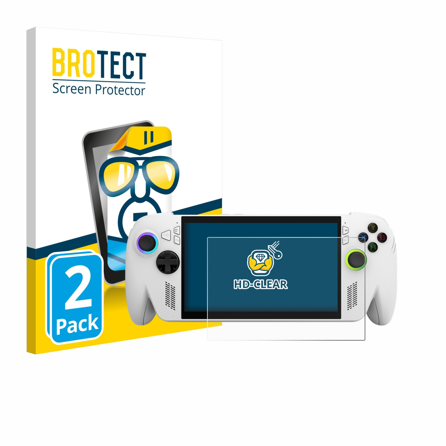 Eine weiße Handheld-Spielkonsole mit Displayschutzfolie, eine Schachtel mit dem Text BROTECT Screen Protector und ein 2-Pack-Etikett.