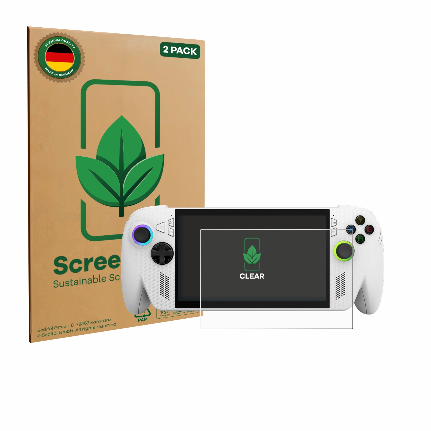 Eine weiße Handheld-Konsole mit Displayschutzfolie und einem Karton mit der Aufschrift 'Screen'. Die Box hat ein grünes Blatt-Logo.