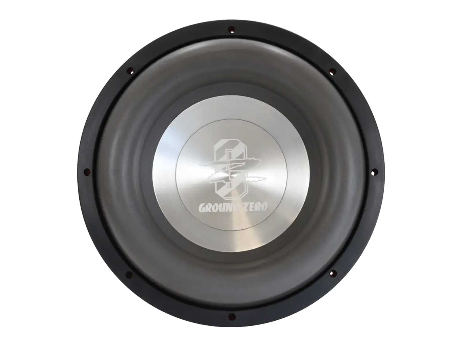 Ein Ground Zero Subwoofer-Lautsprecher wird gezeigt. Er hat einen schwarzen Rand und eine silberne Mitte mit dem Ground Zero-Logo.