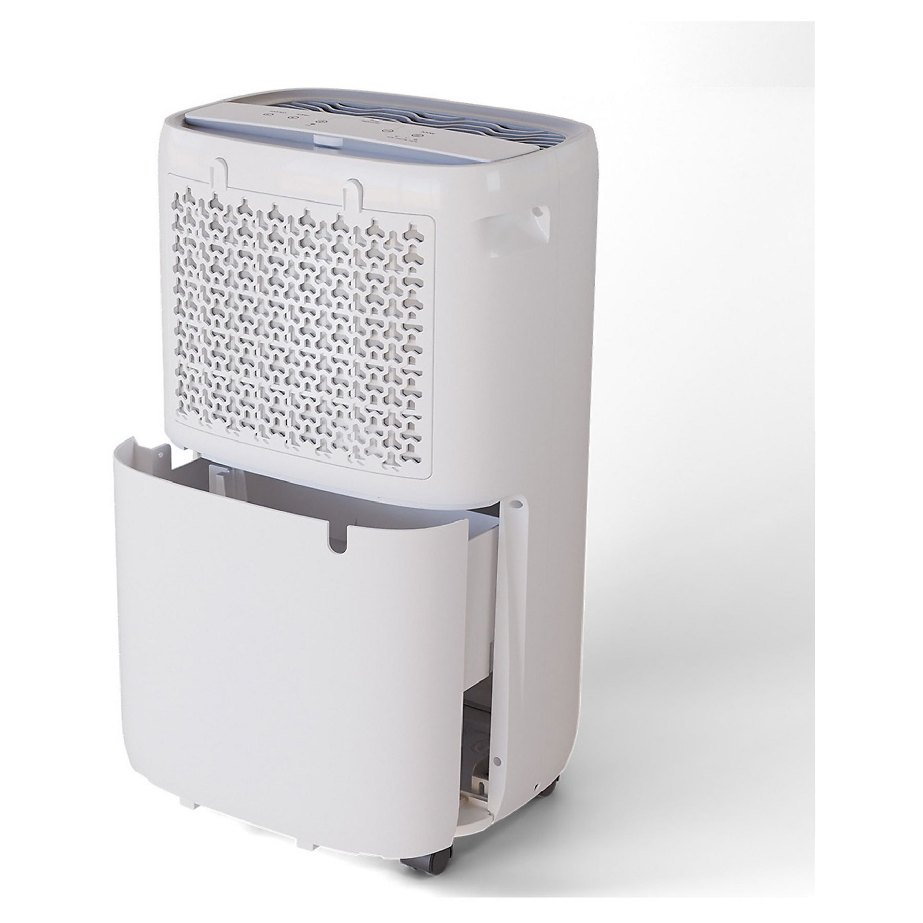 Biały osuszacz powietrza z otwartym zbiornikiem na wodę. Ma wzorzysty przód i panel sterowania na górze. Na białym tle.