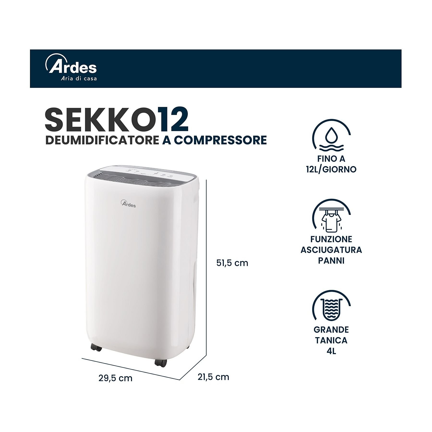 Biały osuszacz z wymiarami. Tekst brzmi 'SEKKO12', z ikonami funkcji i pojemności.