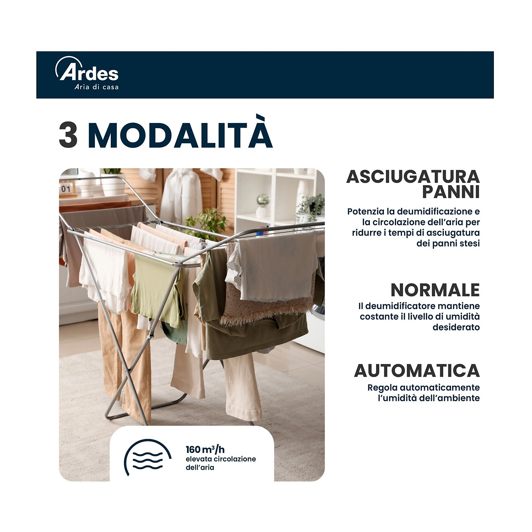 Stojak do suszenia ubrań z wiszącymi ubraniami. Tekst opisuje 3 tryby pracy i przepływ powietrza.