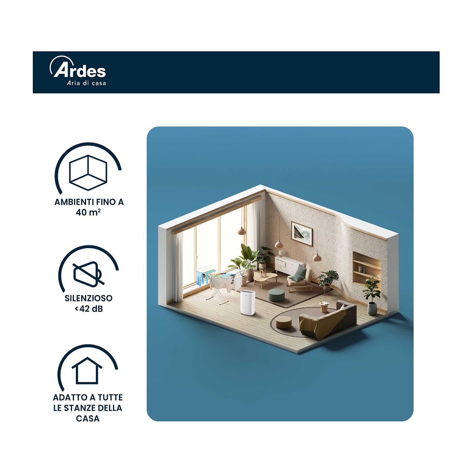 Model pokoju z białą oczyszczaczem powietrza, sofą i roślinami. Widoczna jest marka Ardes.