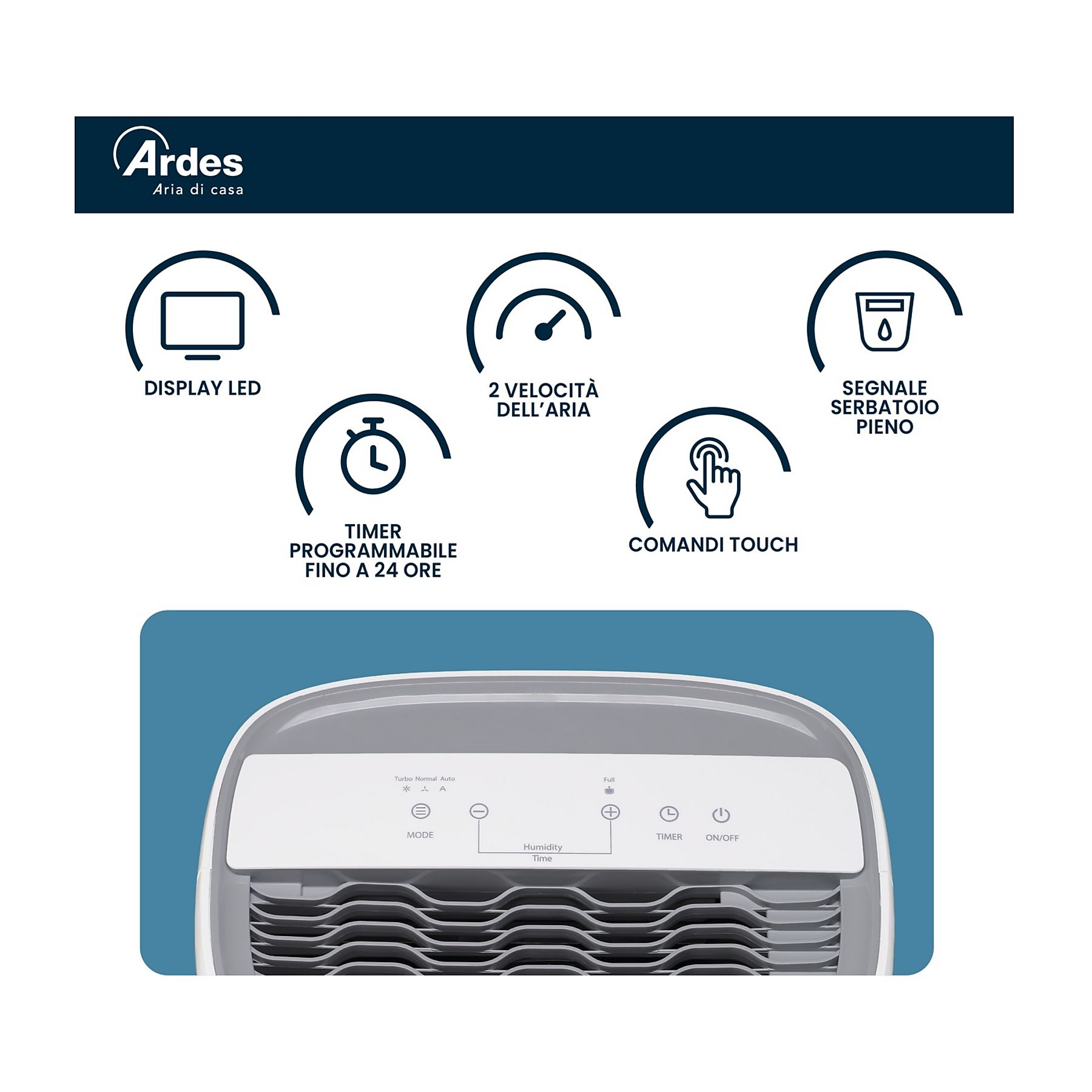 Biały i szary osuszacz powietrza z dotykowymi przyciskami. Ikony obejmują wyświetlacz, timer i wskaźnik pełnego zbiornika.