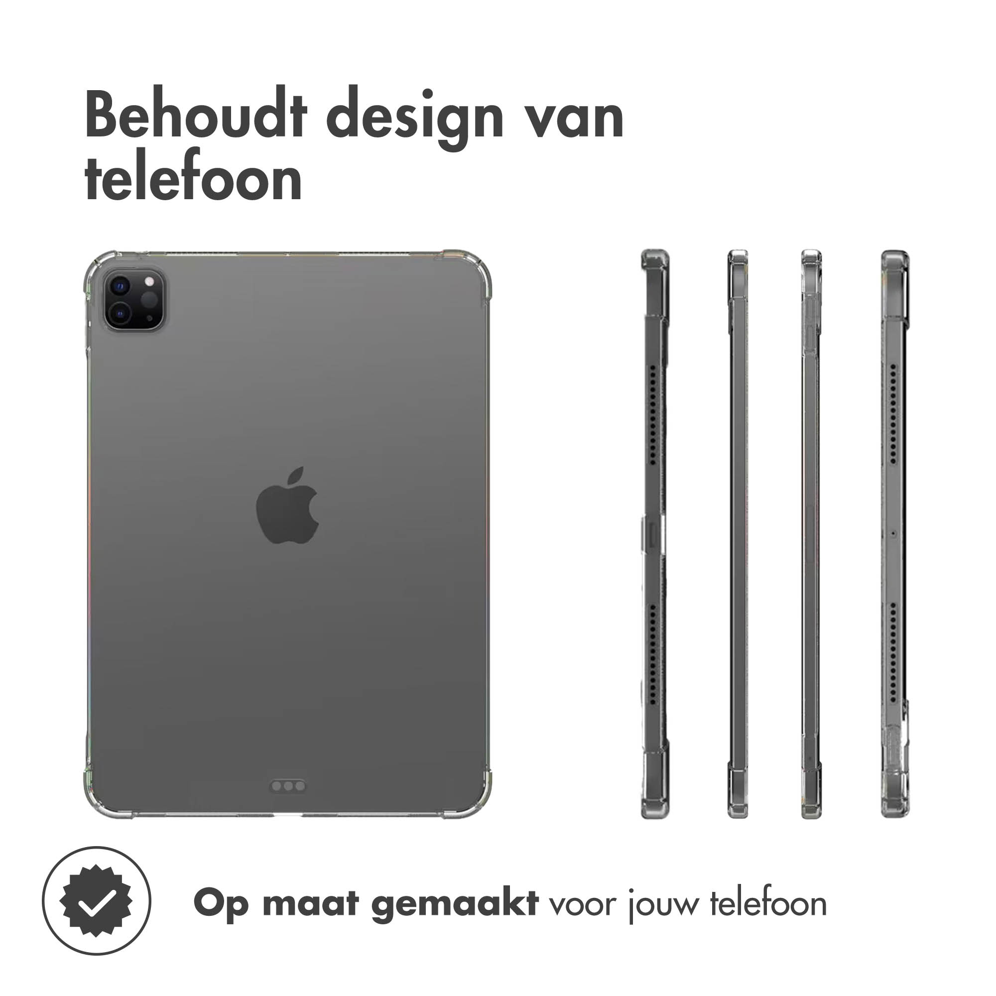 L'image montre un iPad avec une coque transparente. Plusieurs vues latérales de la coque sont affichées. Texte : 'Maintient le design du téléphone'.